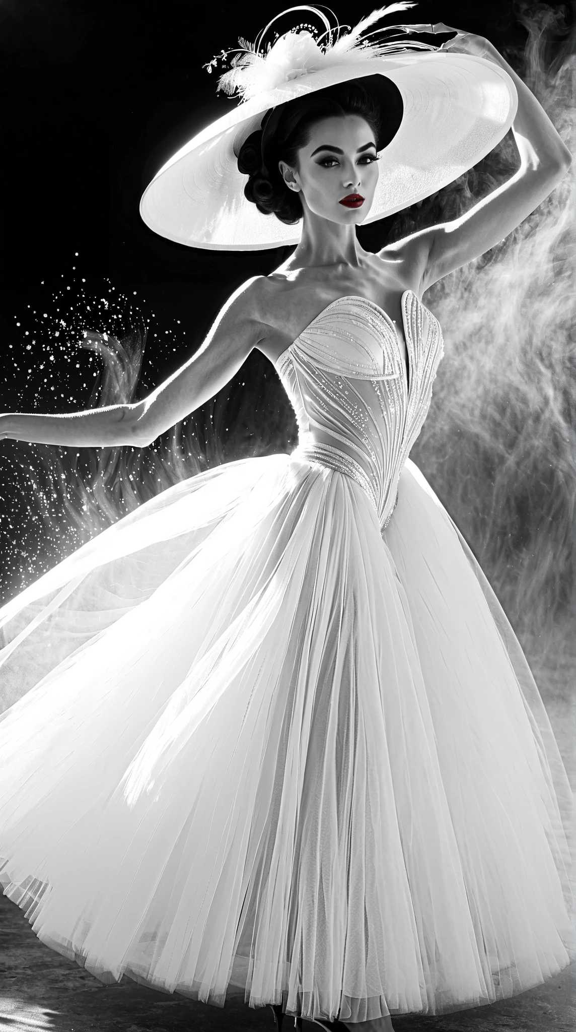 (Art Dance Poster Design)
(Beautiful and ethereal European dancer gracefully performing), (Wearing elegant 1950s fashion dress: 0.8), with a poised head-up posture, fair and flawless skin, and a refined nose bridge. (Face elegantly obscured by a large, stylish hat: 1.37), exuding a poignant charm. (Extremely slender and graceful limbs: 1.1) with delicate features, (bare hands and feet).

Surrounded by a whirling mist, embodying a noble temperament. The artwork features black and white illustrations and ink painting techniques, showcasing black hair styled in soft meatballs and accentuated with red lipstick. This composition embraces surrealism, contemporary art photography, and illustrative action painting.

Incorporating abstract expressionism and influences from Pixar, the scene captures depth of field, motion blur, and backlighting that creates falling shadows and a gradual halo effect. The composition layers start from the bottom, using Sony FE GM technology to achieve UHD quality.

This is a masterpiece with exceptional accuracy, textured skin, and super detailed features, showcasing high quality and award-winning artistry at a 16k resolution.