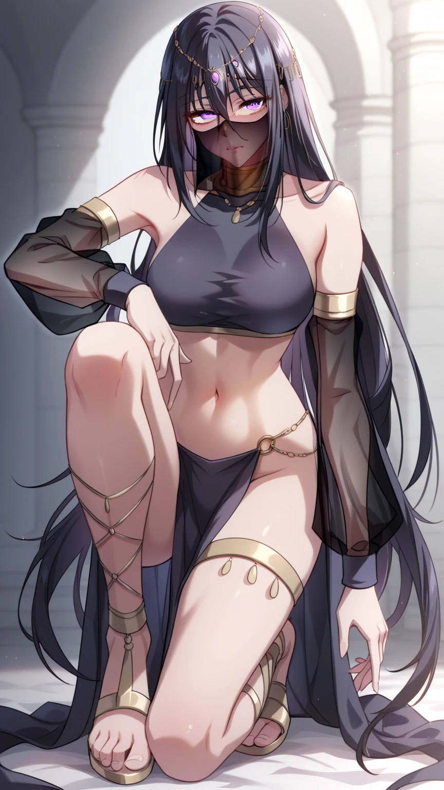 long hair, black hair, purple eyes, hair between eyes veil, mouth veil, circlet, arabian clothes, gold choker, turtleneck, covered collarbone, bare shoulders, black crop top, detached sleeves, see-through sleeves, midriff, navel, o-ring, waist cape, pelvic curtain gladiator sandals