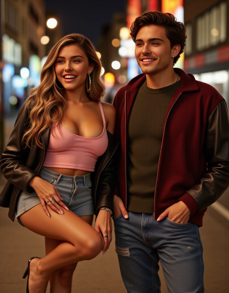 full body photo from the distance, 2 people photo shooting looking at viewer, laughing, friends having fun, being goofy, hot, 1 thin good looking rockstar American male 25 years old with medium length curled black hair with dark red wool college jacket and black leather sleeves, with dark green sweater and blue jeans, small pink plectrum necklace, gorgeous woman with long blonde hair, looking at viewer seductively smiling, Zurich at night background, tight pink latex shirt big boobs, black leather jacket, short jeans pants, high heels, sexual, jewelry, big gold hoop earrings, parted lips, midriff, pants, necklace, bracelet, lips, realistic, midriff peek, professional Photography, Photorealistic, detailed eyes, RAW, analog, sharp focus, 8k, HD, DSLR, high quality, Fujifilm XT3, film grain, award winning, masterpiece,