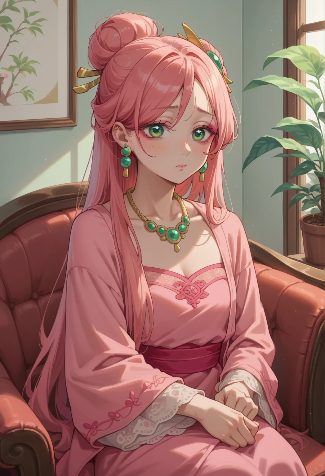 score_9, score_8_up, score_7_up,1girl,Gyokuyou, pink hair, long hair, single hair bun, green eyes, hair ornament, earrings, jewelry, necklace, dress, hanfu, makeup,livingroom,shy