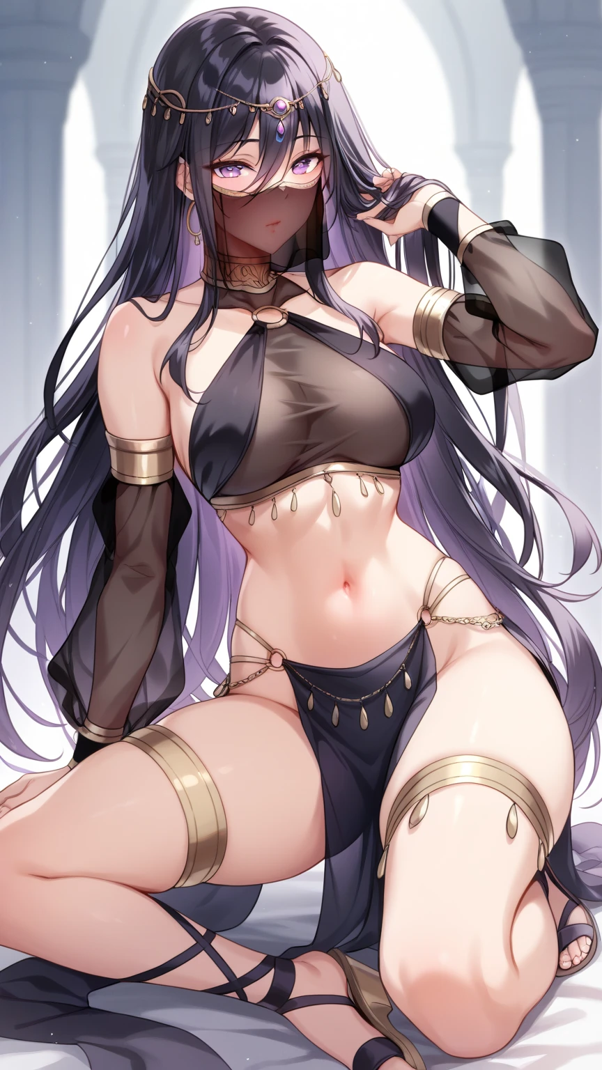 long hair, black hair, purple eyes, hair between eyes veil, mouth veil, circlet, arabian clothes, gold choker, turtleneck, covered collarbone, bare shoulders, black crop top, detached sleeves, see-through sleeves, midriff, navel, o-ring, waist cape, pelvic curtain gladiator sandals