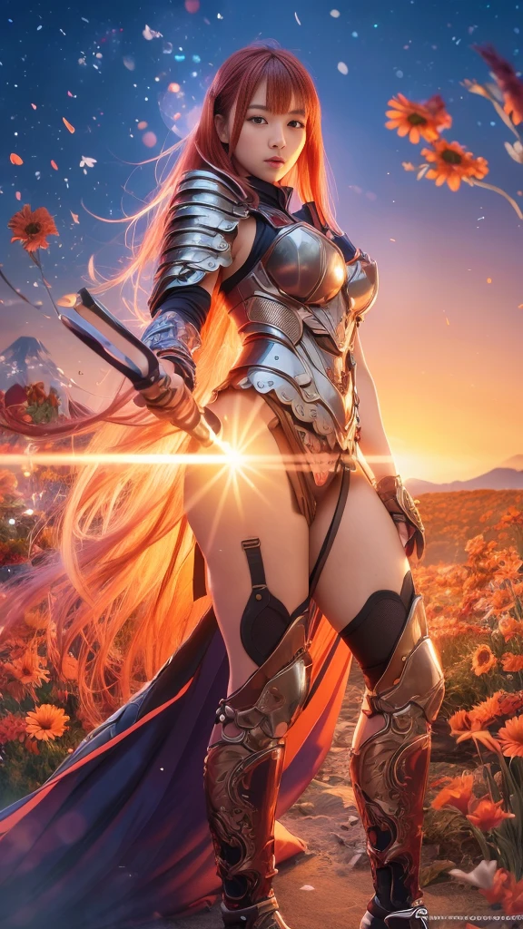  A young Japanese woman , warrior, Combat Stance, wielding a sword,  very detailedな, realisti,seductive smile,  Brilliant Appearance ,, Creative Action,  extremely detailed, Imaginative,  sensual, spontaneous ,  top quality ,  skin texture, (((straight hair:1.3))), (orange hair), (garnet eyes) ,  toned body, huge breasts,(big breasts), Big Breasts,   plump thighs, Gerbera pattern ,(lather samurai orange armor knight), Wear an orange cloak with a gerbera flower pattern , ruffled skirt,  Orange shin guard with gerbera flower engraved on it , Black high-leg underwear , Orange tights,  absolute domain,  Intricate Details , ((( Mount Fuji and sunrise))), (Gerberas in full bloom ),( large gerberas in full bloom on the front ), (confetti),  RAW photos , 8k, masterpiece,  top quality , Ultra Details, very detailed,  Intricate Details , high definition ,超 Intricate Details, very detailed 8k cg wallpaper,