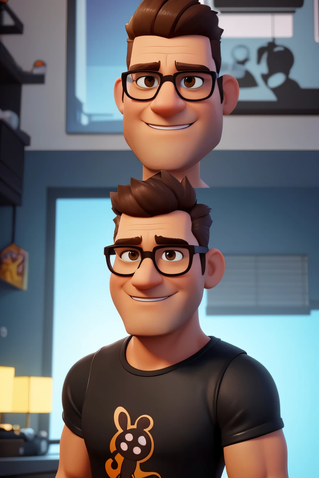 Cartoon character of a 47-year-old man with black glasses, brown hair and a black tank top ,  Animated character ,  in a setting of a condominium with a motorcycle and iPhone to be an avatar for a drawing profile or lucky raffle Stylized character,  render-style animation , 3D stylized, Arnold Maya Rendering, Stylized 3D render, renderizar o toon keyshot, 3d character, 3d character, Stylized 3D rendering,  3D character rendering , animated character, Personagem de close up, Character Pose, (Pixar style) (master part:1.2) (bokeh effect) ( best quality ) ( detailed skin) ( detailed texture ) (8k) (clay) ( cinematic lighting ) (sharp focus ONLY THE BOTTOM IMAGE