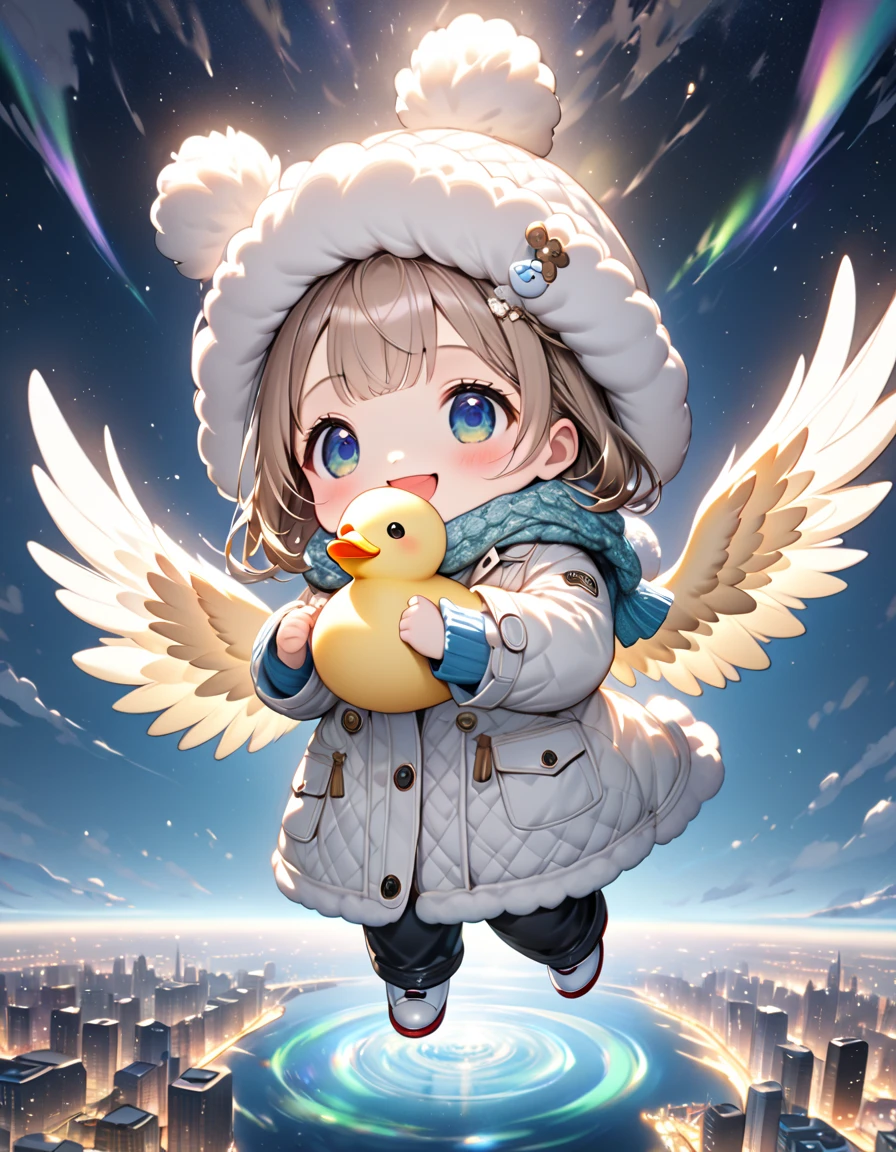 (masterpiece), (ultra-detailed, best quality, clear focus, dramatic scene, cinematic), shadow, (ultra-high resolution, 8k), perfect anatomy, perfect face, (detailed face), (detailed eye), (chibi), (5 fingers), cute Japanese chibi girl, famous Japanese chibi idol, very beautiful and cute and cool face, (wearing a cute winter coat with warm pants:1.2), woolen scarf and glove with woolen hat, (large breasts), (She is flying high in the sky on the duck while holding a very cute smiled daikon radish:1.38), (flying in the sky), professional lighting, (detailed very cute fluffy giant duck is flapping its wings to fly high in the sky:1.35), full body, happy smile, (amazing view of city lights and milky way with aurora)