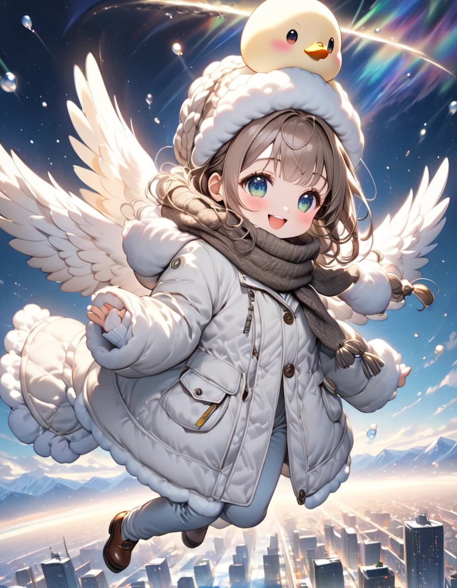 (masterpiece), (ultra-detailed, best quality, clear focus, dramatic scene, cinematic), shadow, (ultra-high resolution, 8k), perfect anatomy, perfect face, (detailed face), (detailed eye), (chibi), (5 fingers), cute Japanese chibi girl, famous Japanese chibi idol, very beautiful and cute and cool face, (wearing a cute winter coat with warm pants:1.2), woolen scarf and glove with woolen hat, (large breasts), (She is flying high in the sky on the duck while holding a very cute smiled daikon radish:1.38), (flying in the sky), professional lighting, (detailed very cute fluffy giant duck is flapping its wings to fly high in the sky:1.35), full body, happy smile, (amazing view of city lights and milky way with aurora)