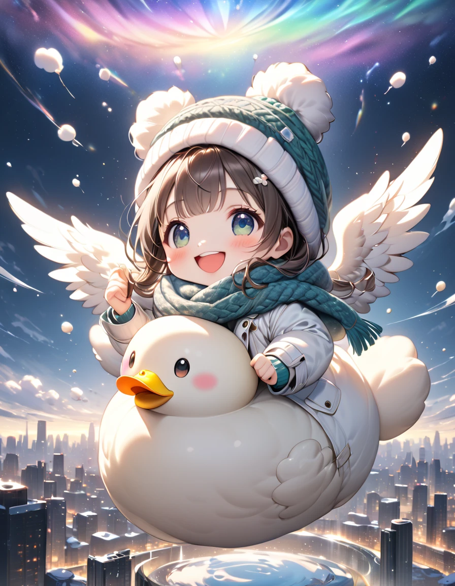 (masterpiece), (ultra-detailed, best quality, clear focus, dramatic scene, cinematic), shadow, (ultra-high resolution, 8k), perfect anatomy, perfect face, (detailed face), (detailed eye), (chibi), (5 fingers), cute Japanese chibi girl, famous Japanese chibi idol, very beautiful and cute and cool face, (wearing a cute winter coat with warm pants:1.2), woolen scarf and glove with woolen hat, (large breasts), (She is flying high in the sky on the duck while holding a very cute smiled daikon radish:1.38), (flying in the sky), professional lighting, (detailed very cute fluffy giant duck is flapping its wings to fly high in the sky:1.35), full body, happy smile, (amazing view of city lights and milky way with aurora)