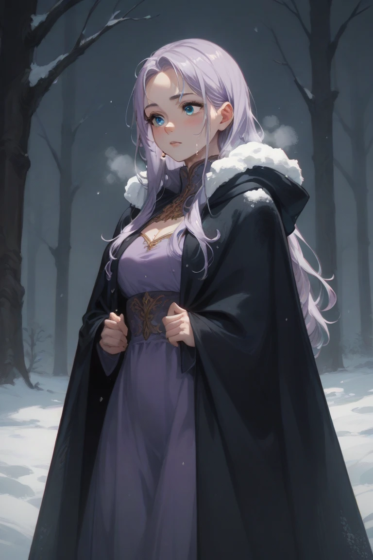  young woman, adult, 20 years, Blue eyes, stands sideways with blond long hair, black cloak with white fur,  long purple dress under a cloak, cold, winter
