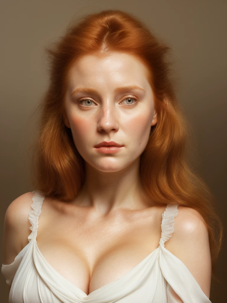 Portrait de gouvernante rousse pale bun hair cleavage blouse massive breast manche longue bouffante ,  Alphonse Mucha inspired, photorealistic, 8k, hyper detailed, high qualitycha