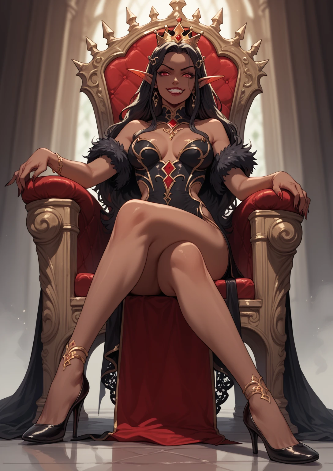 Evil Queen,White stockings,white long gloves,No shoes,Redcoat,short skirt,Full body like,conservativelydressed,No shoes,unholy,Sit Pose,sitting on an royal throne,big breasts beautiful,whaite hair,short detailed hair