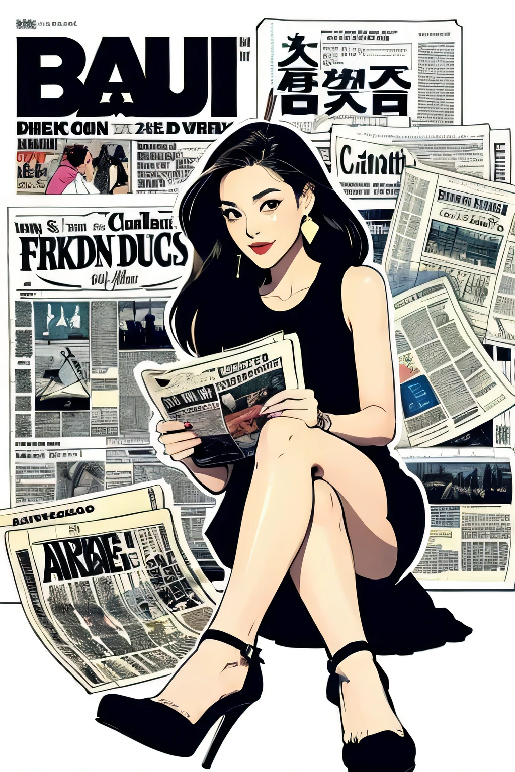 (Graphite painting:1.3),Araf woman sitting with legs crossed on a pile of old newspapers,(she wears jeans),young wild asian face,A bit of a mixed race face,(Closed),(Slightly square chin:0.4),(Lazy),A bit like Vivian,perfect face,Squinty eyes,like fox eyes, cocktail dress clutch bag,high heels high heels background:A dilapidated wall covered with many old newspapers,
90's anime style,thick outline,graphic arts, line art ,black and white平色,,black and white,带笔压的 line art ,Ink pen sketch with pen pressure,calligraphy pen with pen,G pen style with pen pressure,Hand drawn thick lines,Monochrome style,high contrast , The AI model , artistic germ,