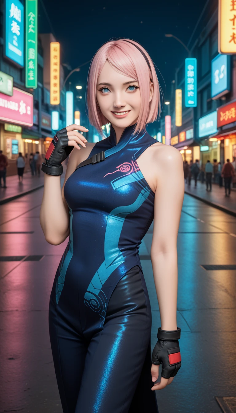          a detailed and beautiful portrait of a 16-year-old Japanese girl,       medium breasts, with healthy appearance , sexy expression,        tight clothes  , Bold poses ,         detailed embroidery        ,  belly out , Tube top, love league,         high quality, 8k,         photorealistic      ,         dramatic lighting       ,         vivid colors        ,(        masterpiece        ,          top quality        ,  :1.2),  (            futuristic cyberpunk urban scene illuminated by neon lights        ), (Alone:1.4), (    Elegant and cool ladies           ),  (       Bright neon details         :1.3), (fingerless gloves, ), (       serious expression        :1.1), (       Confident and relaxed poses           :1.3),      Holographic tight pants or skirt for outdoor use      , (        dynamic lighting        ,   Strong contrast ), (      or dress with straps          :1.2), bare arms,   Character Sakura from Naruto, pink hair , Suits of the character Sakura from the anime Naruto , smile,  embarrassed , happy/happy, gentle smile, 