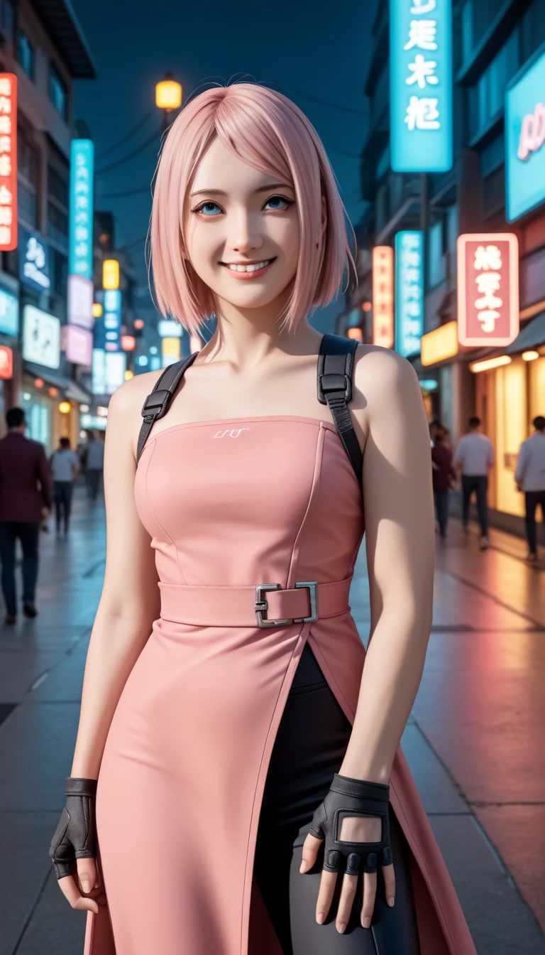          a detailed and beautiful portrait of a 16-year-old Japanese girl,       medium breasts, with healthy appearance , sexy expression,        tight clothes  , Bold poses ,         detailed embroidery        ,  belly out , Tube top, love league,         high quality, 8k,         photorealistic      ,         dramatic lighting       ,         vivid colors        ,(        masterpiece        ,          top quality        ,  :1.2),  (            futuristic cyberpunk urban scene illuminated by neon lights        ), (Alone:1.4), (    Elegant and cool ladies           ),  (       Bright neon details         :1.3), (fingerless gloves, ), (       serious expression        :1.1), (       Confident and relaxed poses           :1.3),      Holographic tight pants or skirt for outdoor use      , (        dynamic lighting        ,   Strong contrast ), (      or dress with straps          :1.2), bare arms,   Character Sakura from Naruto, pink hair , Suits of the character Sakura from the anime Naruto , smile,  embarrassed , happy/happy, gentle smile, 