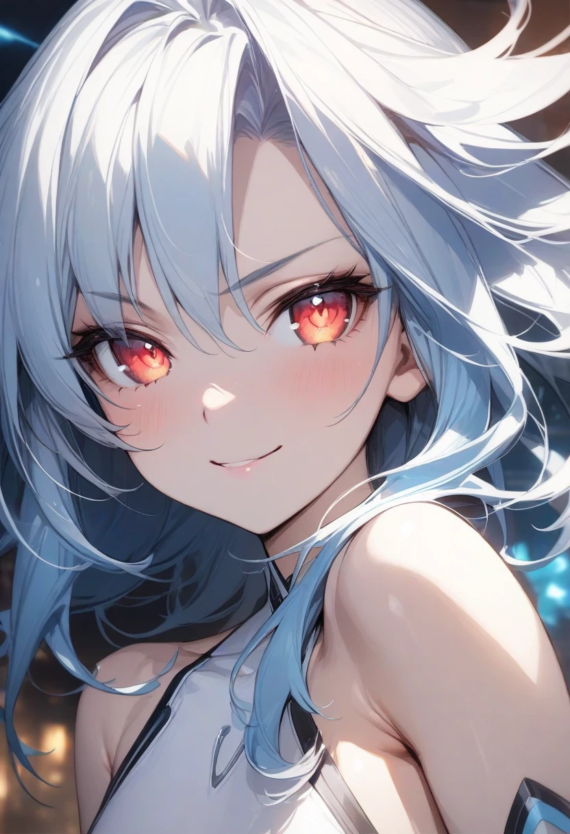 (masterpiece),(best quality),(ultra-detailed),(best illustration),(best shadow),(absurdres),(detailed background),(very aesthetic), white heart, flat chest, red eyes, white hair, blue hair, orange eyes, symbol shaped pupil, power symbol, elbow gloves, gloves, very close-up, portrait,  leotard, seductive smile, looking at viewer, 