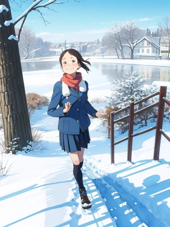 (  super flat ， flat shading)，  young girl，baby face， very short， toddler figure ， very small flat breasts ，     my breasts are very flat and bulging ，  very thin limbs，  thin thighs  ，Short legs，long sleeve uniform:1.2，Name tag on chest，  is standing on a chair wearing a short pleated skirt，  warm scarf ， On my way home from the riverside in winter  ，Snow Scene，Pee stains:1.2，glass，smile，  I'm a little shy  ，Winter blue sky，  bright  ，  low angle，  bright     色，watercolor， Ghibli style， personal 々   accurate and detailed seduction of a woman's fingers     ，