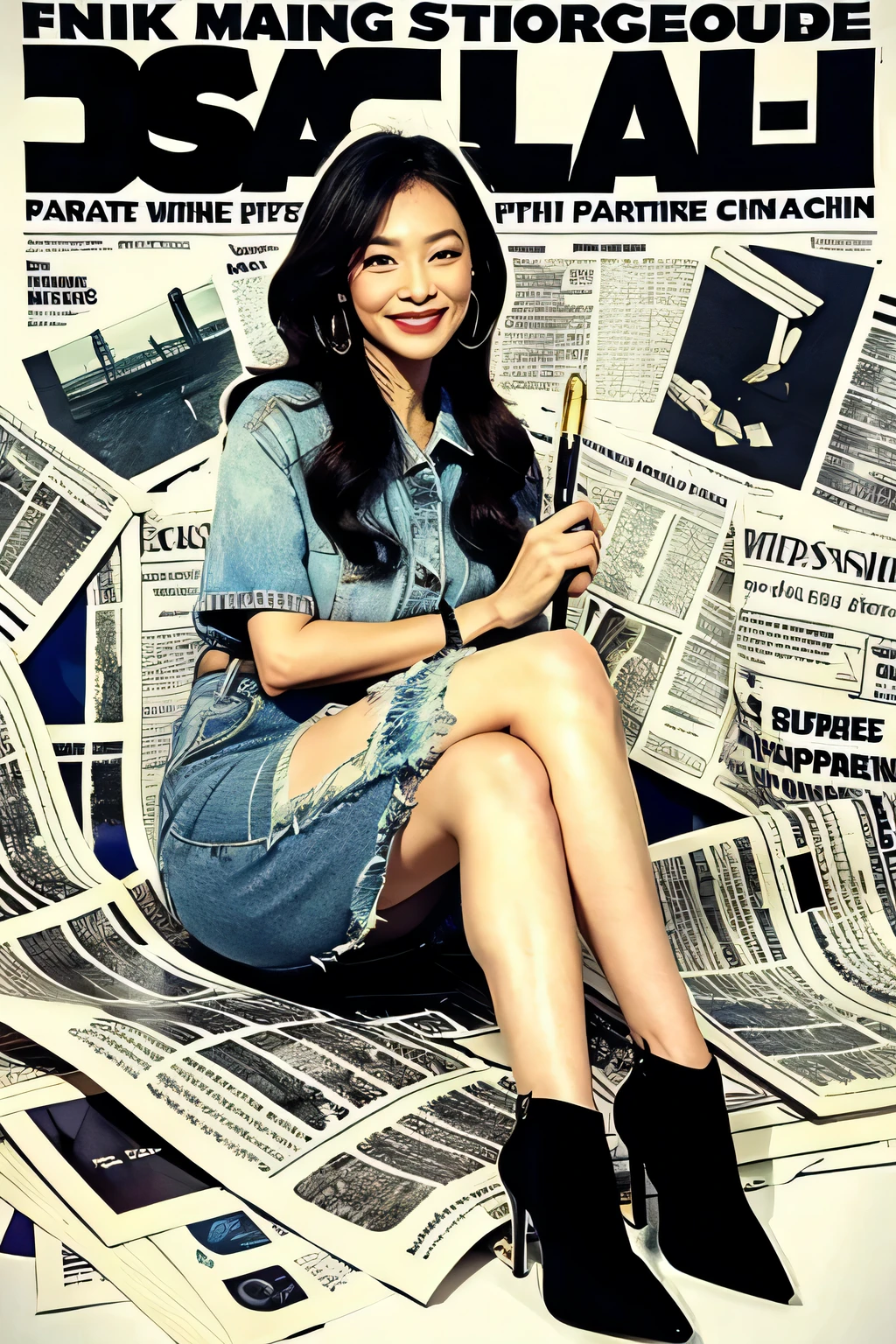 (Graphite painting:1.3),Araf woman sitting with legs crossed on a pile of old newspapers,(she wears jeans),young wild asian face,A bit of a mixed race face,(Closed),(Slightly square chin:0.4),(Lazy),A bit like Vivian,perfect face,Squinty eyes,like fox eyes, cocktail dress clutch bag,high heels high heels background:A dilapidated wall covered with many old newspapers,
90's anime style,thick outline,graphic arts, line art ,black and white平色,,black and white,带笔压的 line art ,Ink pen sketch with pen pressure,calligraphy pen with pen,G pen style with pen pressure,Hand drawn thick lines,Monochrome style,high contrast , The AI model , artistic germ,