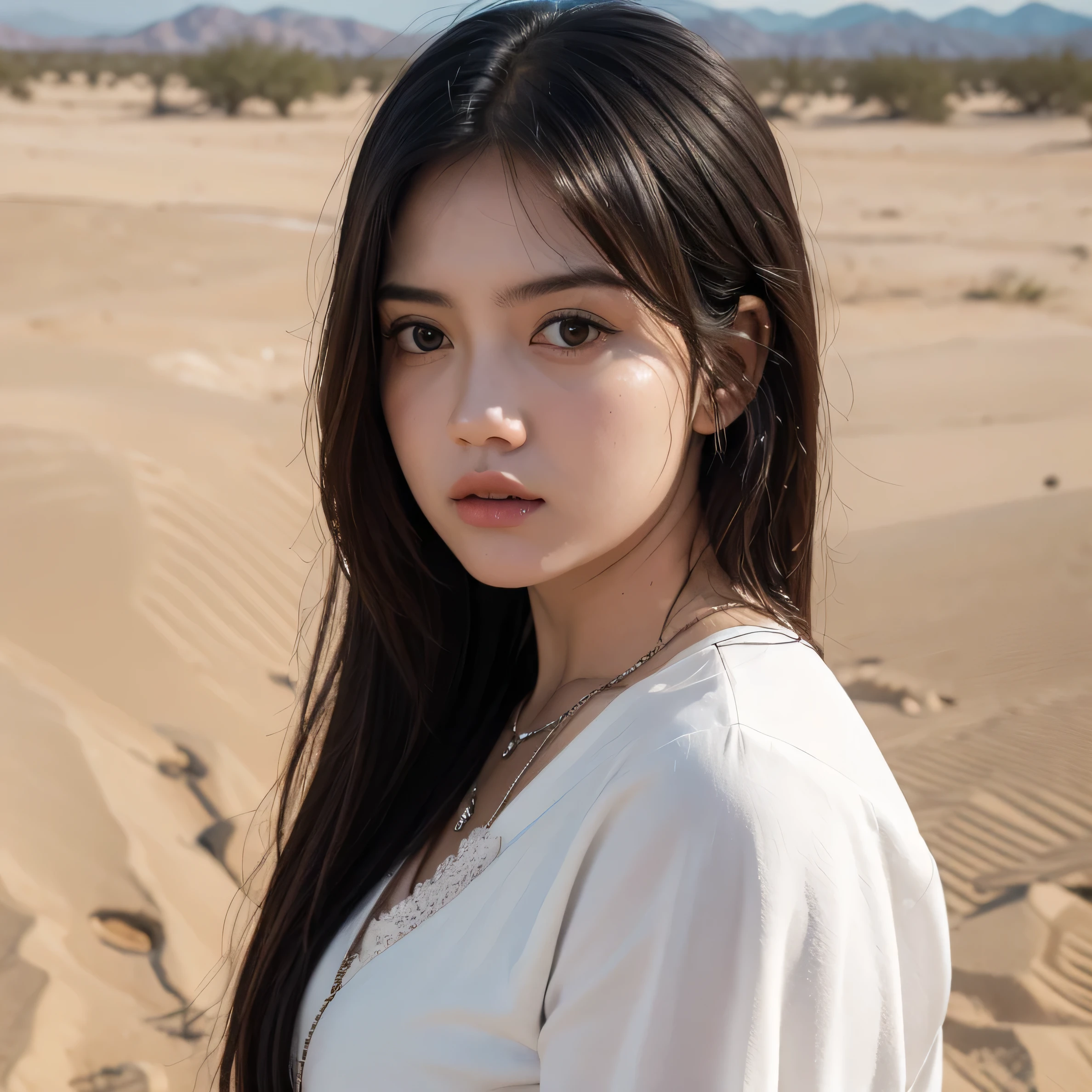 1girl, look sad, black hair, parted lips, highres, brown eyes, brown hair, look sad, from side, solo, lace trim, parted lips, lips, long hair, looking at viewer, natural face, necklace, nose, outdoor, in desert, realistic, desert, solo, portrait, upper body, 32k, high detail, masterpiece, cover art, center, beside