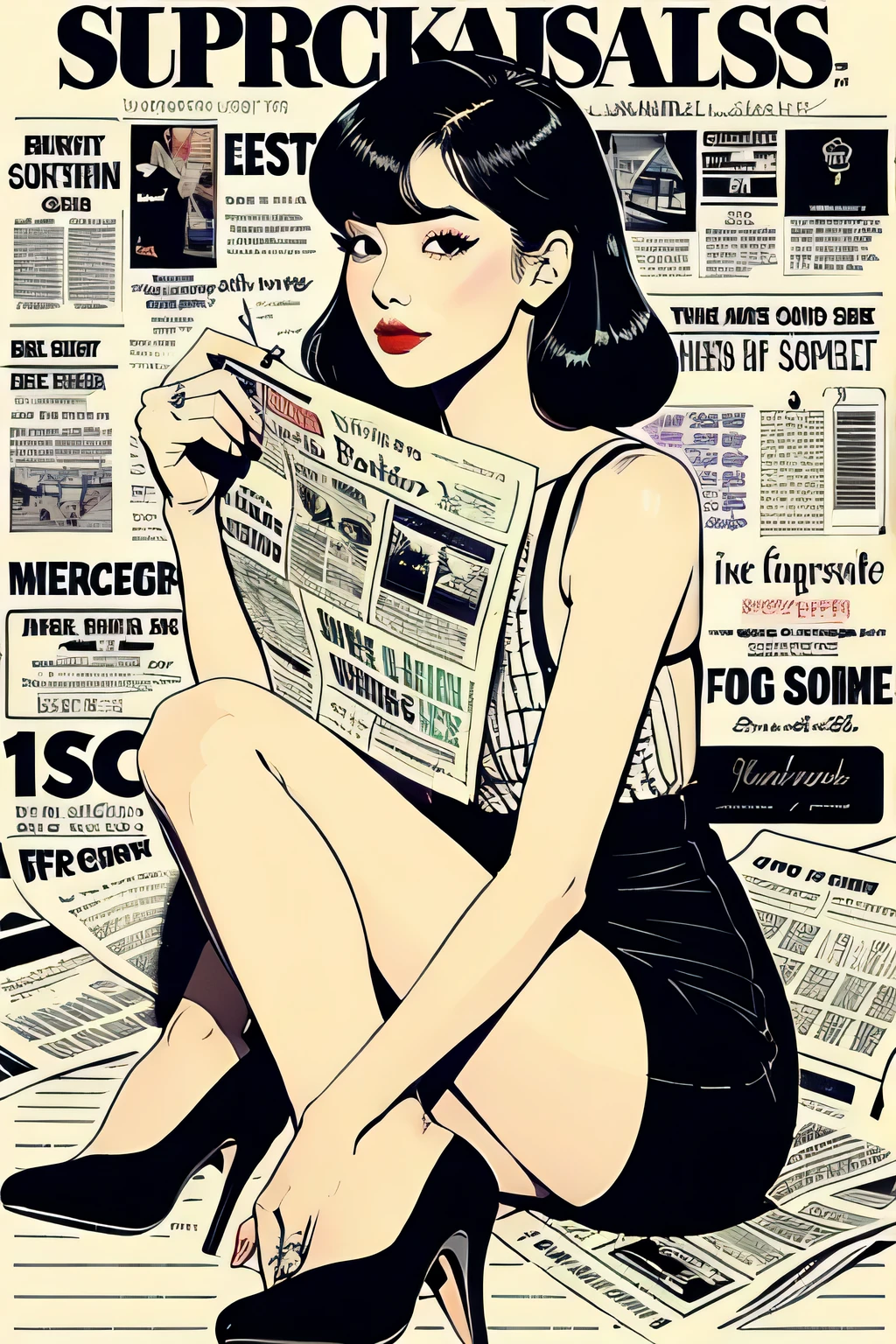 (Graphite painting:1.3),Araf woman sitting with legs crossed on a pile of old newspapers,(she wears jeans),young wild asian face,A bit of a mixed race face,(Closed),(Slightly square chin:0.4),(Lazy),A bit like Vivian,perfect face,Squinty eyes,like fox eyes, cocktail dress clutch bag,high heels high heels background:A dilapidated wall covered with many old newspapers,
90's anime style,thick outline,graphic arts, line art ,black and white平色,,black and white,带笔压的 line art ,Ink pen sketch with pen pressure,calligraphy pen with pen,G pen style with pen pressure,Hand drawn thick lines,Monochrome style,high contrast , The AI model , artistic germ,