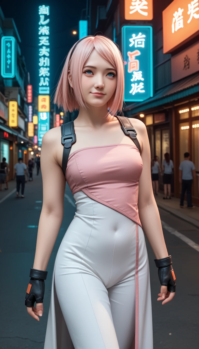           a detailed and beautiful portrait of a 16-year-old Japanese girl,        medium breasts, with healthy appearance , sexy expression,         tight clothing  , Bold poses ,          detailed embroidery         ,  belly out , Tube top, love league,          high quality, 8k,          photorealistic       ,          dramatic lighting        ,          vivid colors         ,(         masterpiece         ,           top quality         ,  :1.2),  (              futuristic cyberpunk urban scene illuminated by neon lights        ), (Alone:1.4), (    Elegant and cool ladies            ),  (        Bright neon details          :1.3), (fingerless gloves, ), (        serious expression         :1.1), (        Confident and relaxed poses            :1.3),        Holographic tight pants or skirt for outdoor use        , (         dynamic lighting         ,   Strong contrast ), (      or dress with straps           :1.2), bare arms,   Character Sakura from Naruto, pink hair , Sakura character costumes from the anime Naruto ,  embarrassed  , happy/happy, 