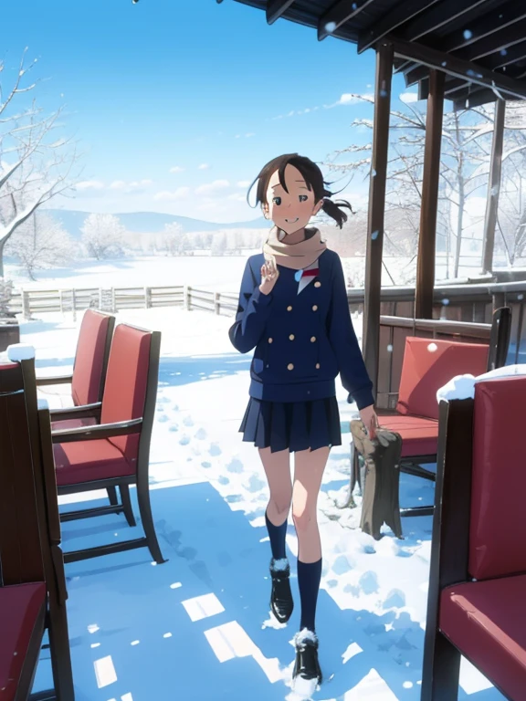 (  super flat ， flat shading)，  young girl，baby face， very short， toddler figure ， very small flat breasts ，     my breasts are very flat and bulging ，  very thin limbs，  thin thighs  ，Short legs，long sleeve uniform:1.2，Name tag on chest，  is standing on a chair wearing a short pleated skirt，  warm scarf ， On my way home from the riverside in winter  ，Snow Scene，Pee stains:1.2，glass，smile，  I'm a little shy  ，Winter blue sky，  bright  ，  low angle，  bright     色，watercolor， Ghibli style， personal 々   accurate and detailed seduction of a woman's fingers     ，