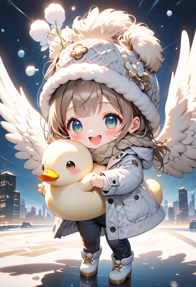 (masterpiece), (ultra-detailed, best quality, clear focus, dramatic scene, cinematic), shadow, (ultra-high resolution, 8k), perfect anatomy, perfect face, (detailed face), (detailed eye), (chibi), (5 fingers), cute Japanese chibi girl, famous Japanese chibi idol, very beautiful and cute and cool face, (wearing a cute winter coat with warm pants:1.2), woolen scarf and glove with woolen hat, (large breasts), (She is flying high in the sky on the duck while holding a very cute smiled daikon radish:1.38), (flying in the sky), professional lighting, (detailed very cute fluffy giant duck is flapping its wings to fly high in the sky:1.35), full body, happy smile, (amazing view of city lights and milky way with aurora)