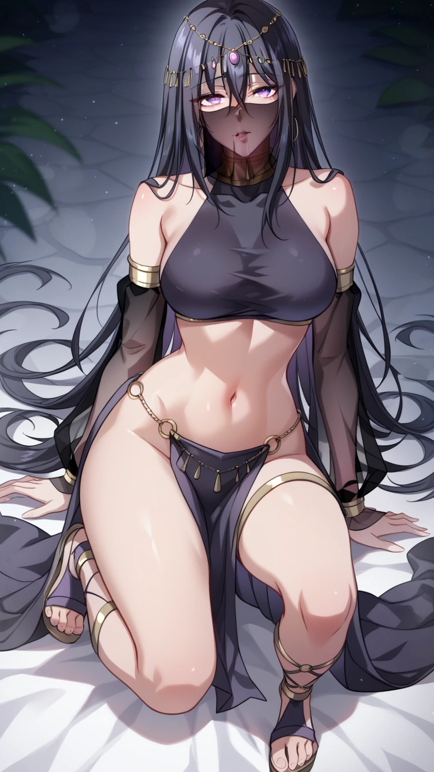 long hair, black hair, purple eyes, hair between eyes veil, mouth veil, circlet, arabian clothes, gold choker, turtleneck, covered collarbone, bare shoulders, black crop top, detached sleeves, see-through sleeves, midriff, navel, o-ring, waist cape, pelvic curtain gladiator sandals