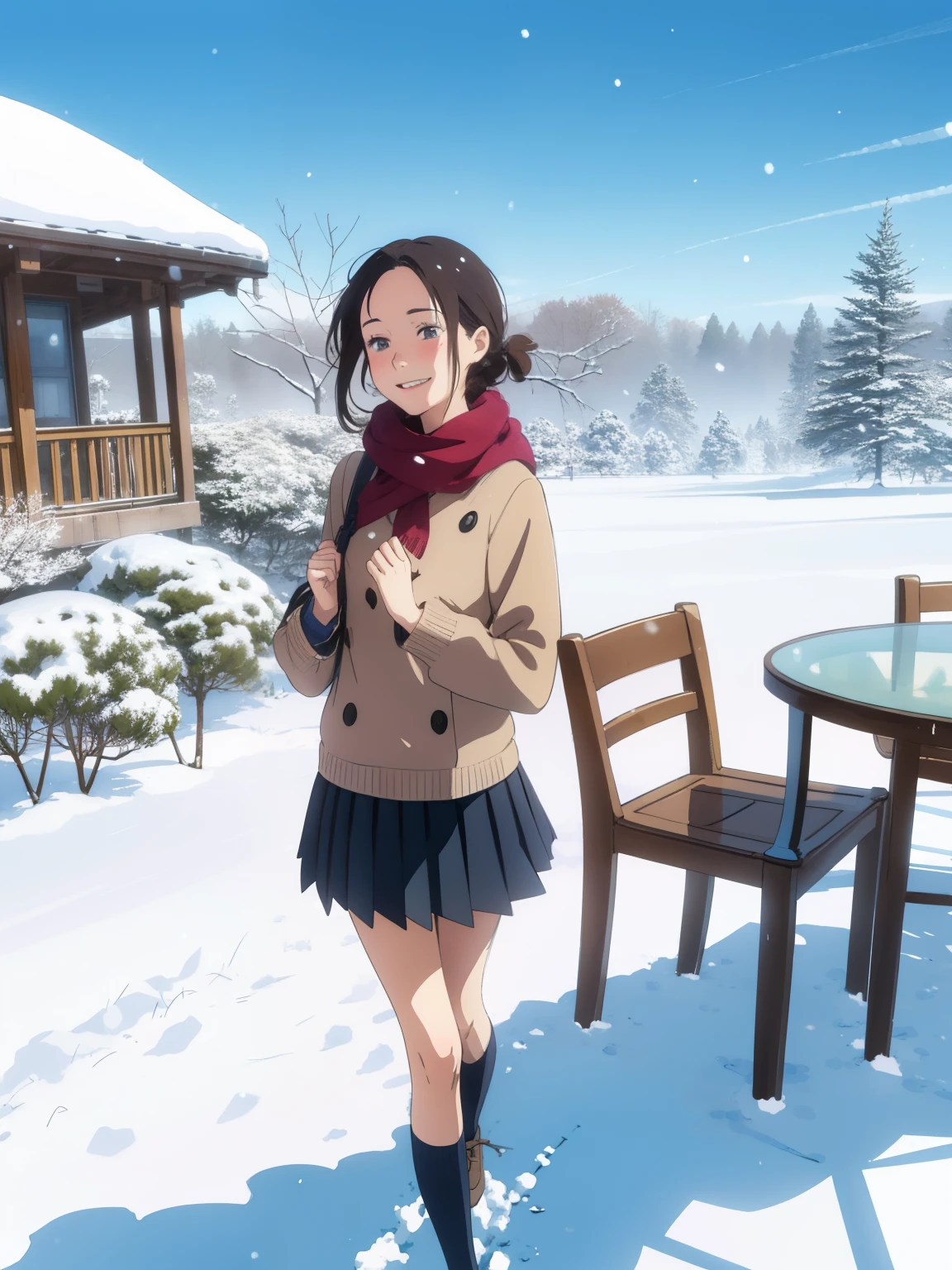 (  super flat ， flat shading)，  young girl，baby face， very short， toddler figure ， very small flat breasts ，     my breasts are very flat and bulging ，  very thin limbs，  thin thighs  ，Short legs，long sleeve uniform:1.2，Name tag on chest，  is standing on a chair wearing a short pleated skirt，  warm scarf ， On my way home from the riverside in winter  ，Snow Scene，Pee stains:1.2，glass，smile，  I'm a little shy  ，Winter blue sky，  bright  ，  low angle，  bright     色，watercolor， Ghibli style， personal 々   accurate and detailed seduction of a woman's fingers     ，