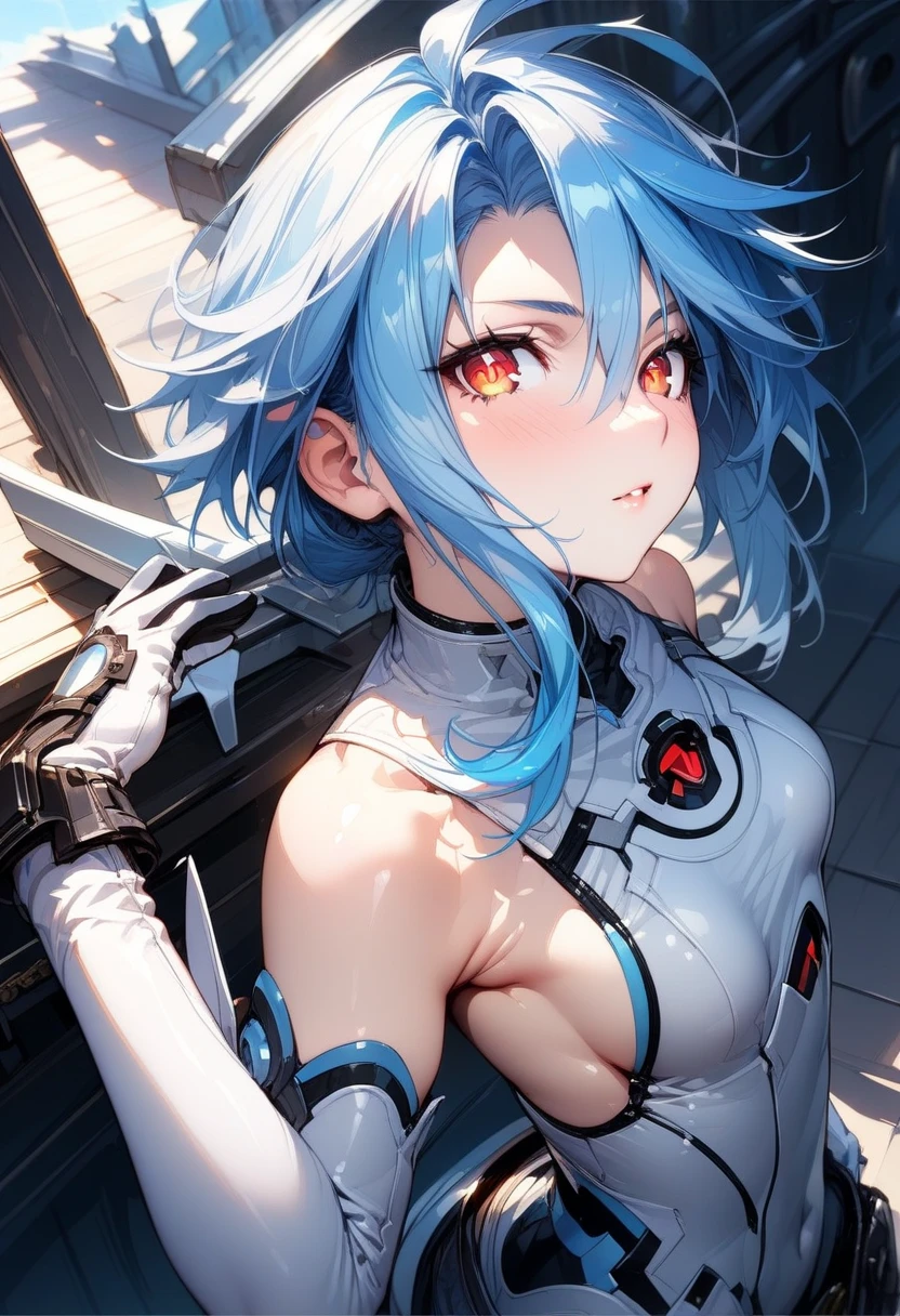 (masterpiece),( top quality ),( Ultra Details),(Best illustrations),(Best Shadow),( absurd),( detailed background),(  very aesthetic ), White Heart,  flat chested,  red eyes, Gray Hair,  blue hair,  Orange Eyes ,  symbol shaped pupils , power symbol , elbow  gloves,  gloves, 