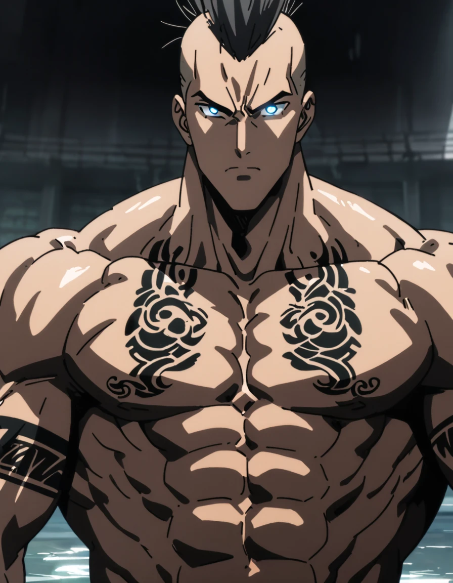 anime guy shirtless, pectoral, muscular, mohawk,,perfect body,delicate and beautiful,arm tatoo, glowing eyes