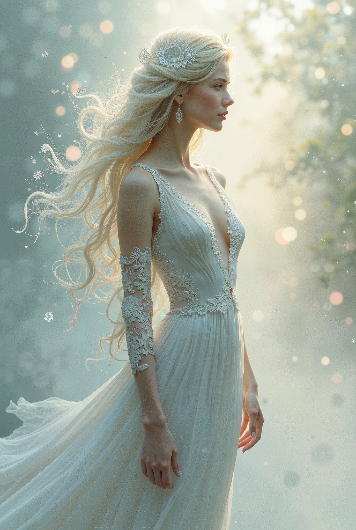 "A woman, majestic and radiant, she embodies the essence of resilience and beauty, she has delicate and serene elfin features, long, flowing hair in an immaculate white, as if woven from moonlight, (((a woman with long white hair 1.75)))(((extremely beautiful))), with deep, rich ebony skin that contrasts elegantly with the brightness of her white hair, standing in a tranquil, mist-covered meadow at dawn with white trumpet trees surrounding her, the soft morning light creating a halo around her, cool and serene palette, a white flowing dress that falls elegantly over her toned figure, her silver eyes radiating calm and wisdom, 8K, graceful and powerful, extremely detailed (high quality, realistic, photorealistic: 1.37), ideal proportions and smooth, glowing skin, meticulously crafted features, unapproachable beauty, perfection, artistic art, vivid realism, hyper-detailed sculpture, lifelike forms, truly awe-inspiring, impeccable craftsmanship, pure brilliance, ethereal beauty, delicate contours, striking poses, sublime beauty, subtle nuances, dynamic compositions, soft lighting, serene expressions, heavenly aura, majestic presence, dreamlike atmosphere, unparalleled detailed high-octane rendering trending on artstation, 8k art photography, photorealistic concept art, cinematic volumetric soft natural light, chiaroscuro, award-winning photography, fine art, oil on canvas, beautiful, detailed, intricate, serene