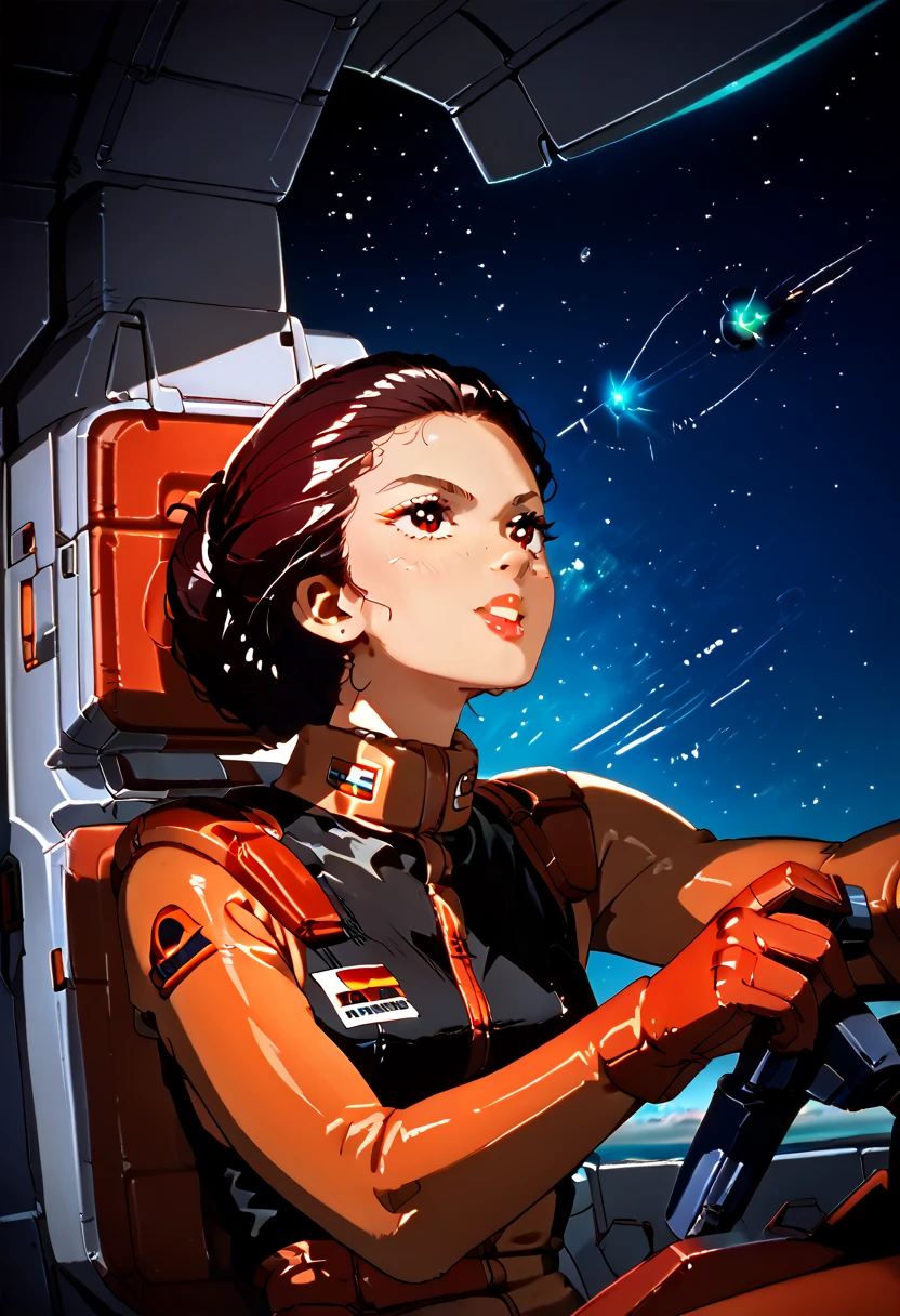  8k,girl pilot,black woman,red eyes,black suit,smooth hair, futuristic, sci-fi,space opera,piloting,cockpit,2000’s cartoon style, dynamic pose, stunning visual effects