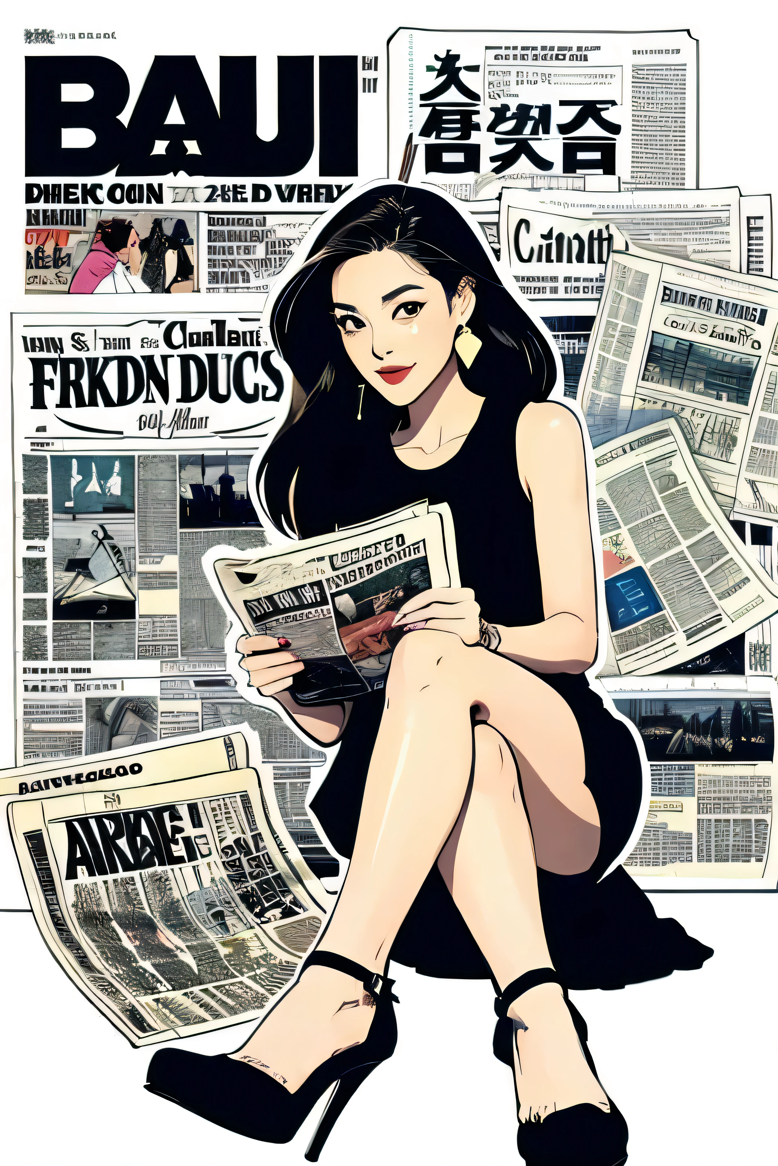 （Graphite painting：1.3），Araf woman sitting with legs crossed on a pile of old newspapers，（she wears jeans），young wild asian face，A bit of a mixed race face，（Closed），（Slightly square chin：0.4），（Lazy），A bit like Vivian，perfect face，Squinty eyes，like fox eyes， cocktail dress clutch bag，high heels high heels background：A dilapidated wall covered with many old newspapers，
90's anime style，thick outline，graphic arts，    line art    ，black and white平色，，black and white，带笔压的    line art    ，Ink pen sketch with pen pressure，calligraphy pen with pen，G pen style with pen pressure，Hand drawn thick lines，Monochrome style，high contrast , The AI model ， artistic germ, 