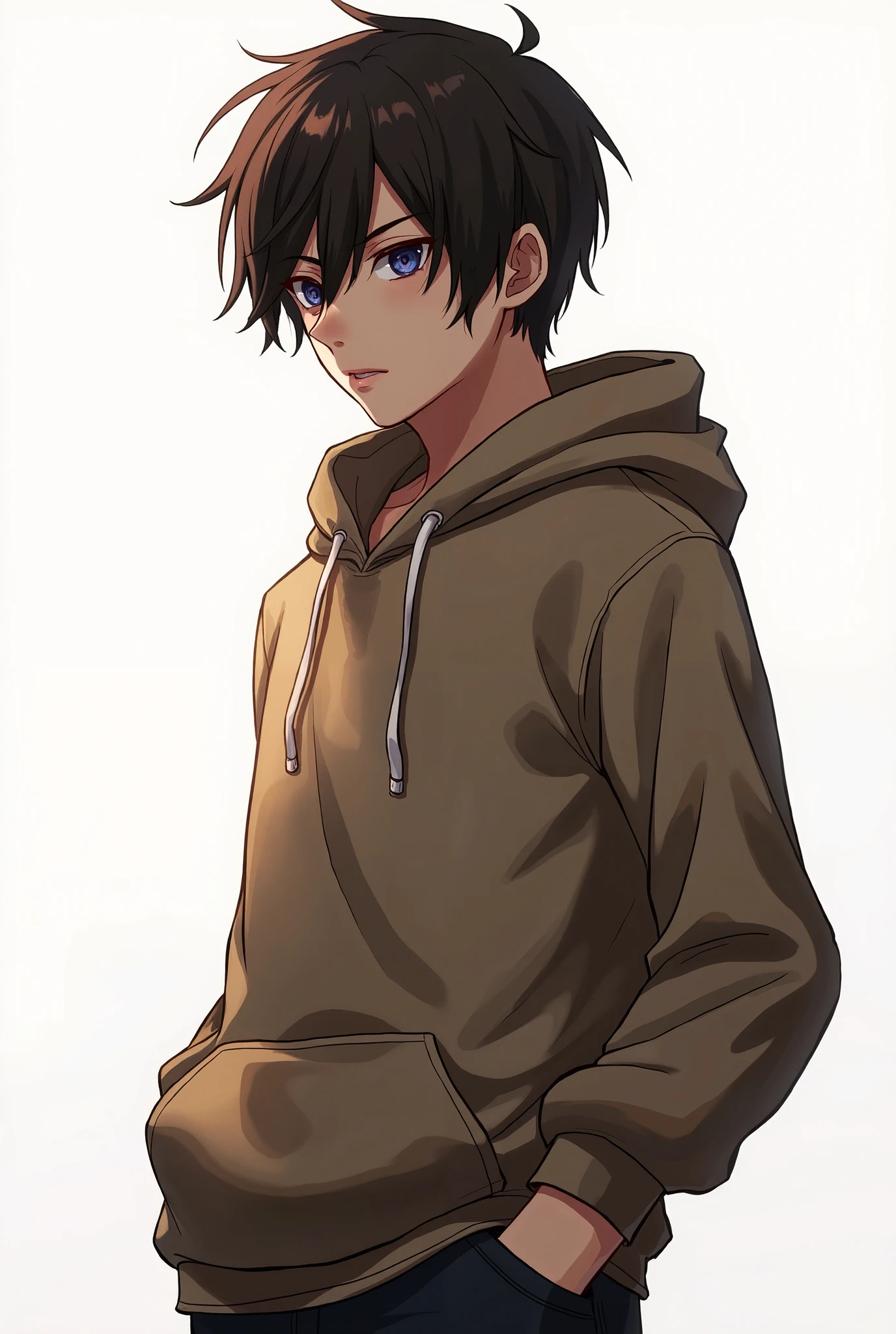Anime boy in a brown hoodie with blue eyes and a black hair - SeaArt AI