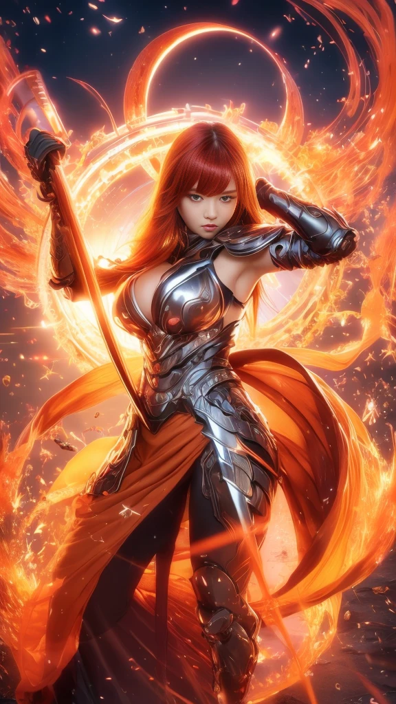  A young Japanese woman , warrior, Combat Stance, wielding a sword,  very detailedな, realisti,happy smile,  Brilliant Appearance ,, Creative Action,  extremely detailed, Imaginative,  sensual, spontaneous ,  top quality ,  skin texture, (((straight hair:1.3))), (orange hair), (garnet eyes) ,  toned body, huge breasts,(big breasts:1.3), Big Breasts,   plump thighs, (Gerbera pattern ,lather samurai orange armor knight), Wear an orange cloak with a gerbera flower pattern , ruffled skirt,  Orange shin guard with gerbera flower engraved on it , Black high-leg underwear , Orange tights,  absolute domain,  Intricate Details , ((( Mount Fuji and sunrise))), (Gerberas in full bloom ),( large gerberas in full bloom on the front ), (confetti),  RAW photos , 8k, masterpiece,  top quality , Ultra Details, very detailed,  Intricate Details , high definition ,超 Intricate Details, very detailed 8k cg wallpaper,