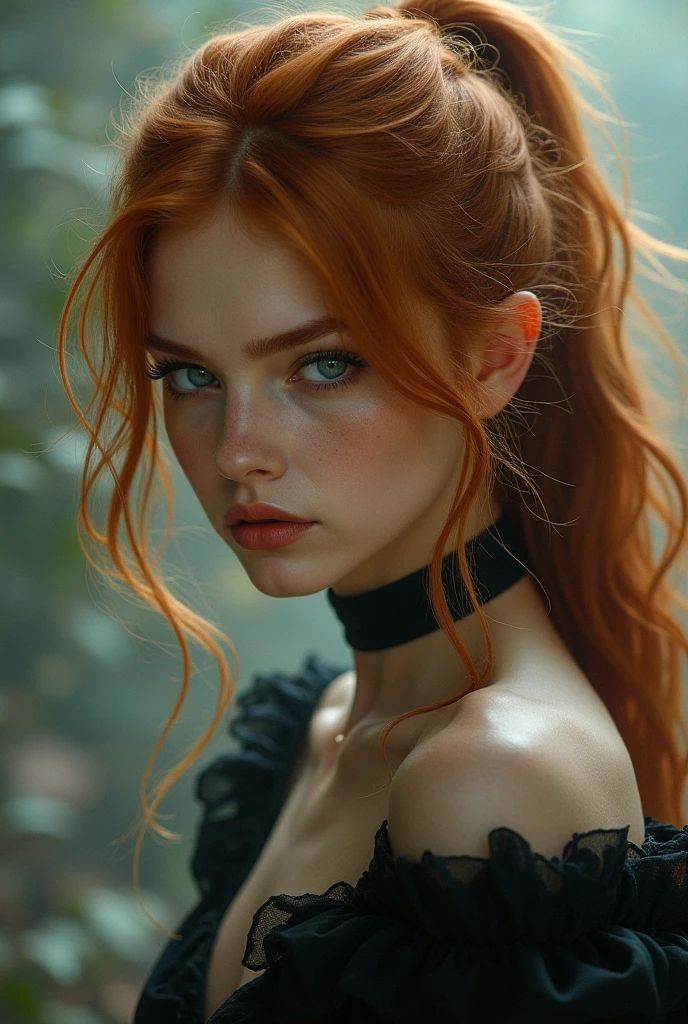 (solo, full body photo:1.3), (action packed:1.3), (haze, fog, mist:1.3), chiaroscuro, best quality, photorealistic, 1woman, (cute), (24yo:1.2), redhead, long ginger hair highly detailed, 1700'S, digital photography, art by artgerm and ruan jia and greg rutkowski surreal painting gold butterfly filigree, broken glass, (masterpiece, sidelighting, finely detailed Fashionable eyes: 1.2) (perfect oval large eyes that gazes at the viewer), beautiful detailed face, blue gorgeous perfect eyes, (blonde hair ponytail), (attractive young woman:1.3), (thick amazing hair), (seductive:1.1), (blushing:1.1)