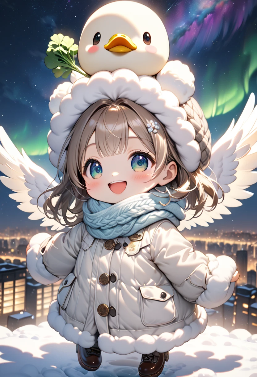 (masterpiece), (ultra-detailed, best quality, clear focus, dramatic scene, cinematic), shadow, (ultra-high resolution, 8k), perfect anatomy, perfect face, (detailed face), (detailed eye), (chibi), (5 fingers), cute Japanese chibi girl, famous Japanese chibi idol, very beautiful and cute and cool face, (wearing a cute winter coat with warm pants:1.2), woolen scarf and glove with woolen hat, (large breasts), (She is flying high in the sky on the duck while holding a very cute smiled daikon radish:1.38), (flying in the sky), professional lighting, (detailed very cute fluffy giant duck is flapping its wings to fly high in the sky:1.35), full body, happy smile, (amazing view of city lights and milky way with aurora)