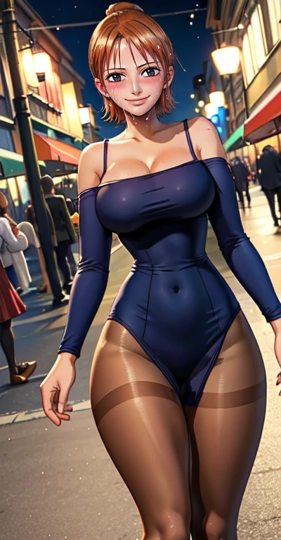 score_9, score_8_up, score_7_up, score_6_up, score_5_up, score_4_up, (8k, RAW photo, best quality, masterpiece:1.2), front view detailed body, long belly, big , Slender body, tight body , thick ,midium breast , long thighs, muscular woman, light brown hair, brown eyes, large breasts, beautiful legs
1girl, solo, looking at viewer, red dress, long dress, dress long Sleeves, bare shoulders, collarbone, Cleavage, navel, pony tails, pantyhose,black pantyhose, night, city, outdoors, fullbody 