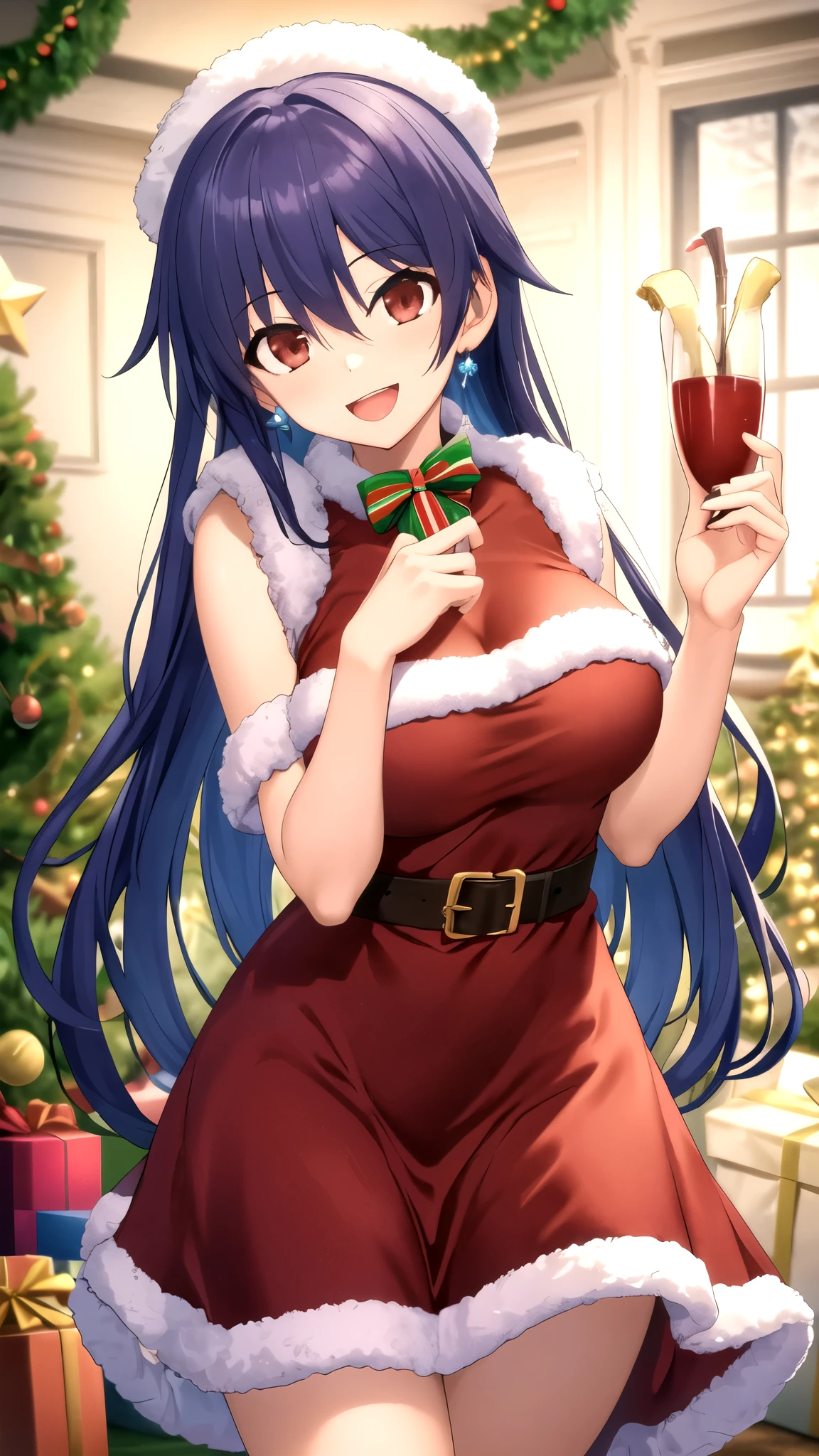 masterpiece, best quality, high quality, girl, solo, looking at viewer, itsuka_shidou, long hair, large breasts, merry christmas Dress, standing, smile, open mouth,