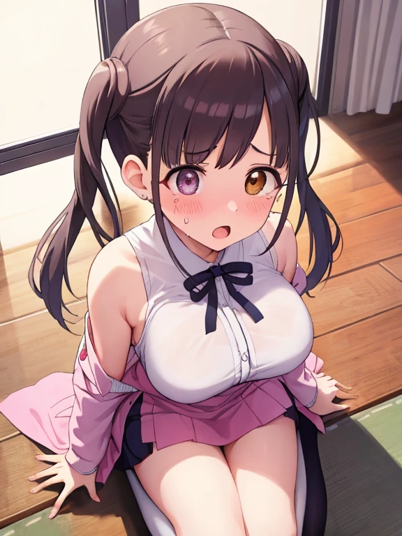 (Masterpiece, top quality, super high quality, super high detail, beautiful hair, beautiful eyes, perfect face), classroom, short twin-tail, black hair, very , heterochromia, pink eye, orange eye, very huge breasts, 145cm tall girl half out of uniform, half naked, kneeling on floor, sitting upright face up, body tense with fear, half naked, looking up, wide mouth open, panicked expression, large amount of thick  on face, hair, body and thighs, sweaty, tears, blushing, shadow of person standing in front, angle looking down from above