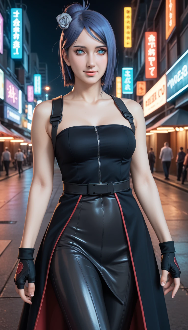             a detailed and beautiful portrait of a 16-year-old Japanese girl,          medium breasts, with healthy appearance , sexy expression,          tight clothing  , Bold poses ,            detailed embroidery           ,  belly out , Tube top, love league,            high quality, 8k,            photorealistic         ,            dramatic lighting          ,            vivid colors           ,(           masterpiece           ,             top quality           ,  :1.2),  (                  futuristic cyberpunk urban scene illuminated by neon lights         ), (Alone:1.4), (    Elegant and cool ladies              ),  (          Bright neon details            :1.3), (fingerless gloves, ), (         expressão series          :1.1), (          Confident and relaxed poses              :1.3),           Holographic tight pants or skirt for outdoor use          , (           dynamic lighting           ,   Strong contrast ), (      or dress with straps             :1.2), bare arms,    damaged : Konan from Naruto ,  blue hair ,  Konan character costumes from the anime Naruto ,    embarrassed    , happy/happy, series 