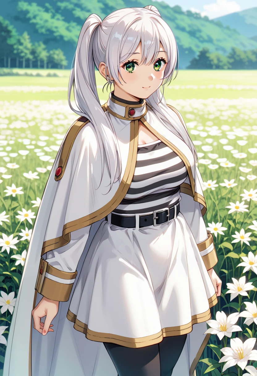 score_9, score_8_up, score_7_up, score_Nsfw, anime style, extremely detailed CG, high resolution, best quality, masterpiece, frieren (Sōsō no Frieren); white hair, ponytails on the sides, green eyes, (beautiful detailed eyes:1.4) white outfit, black and white striped shirt, white jacket, short white cape (covering her shoulders), black belt, white skirt, black leggings, natural pose, big tits, plump thighs,  field of flowers (blue)