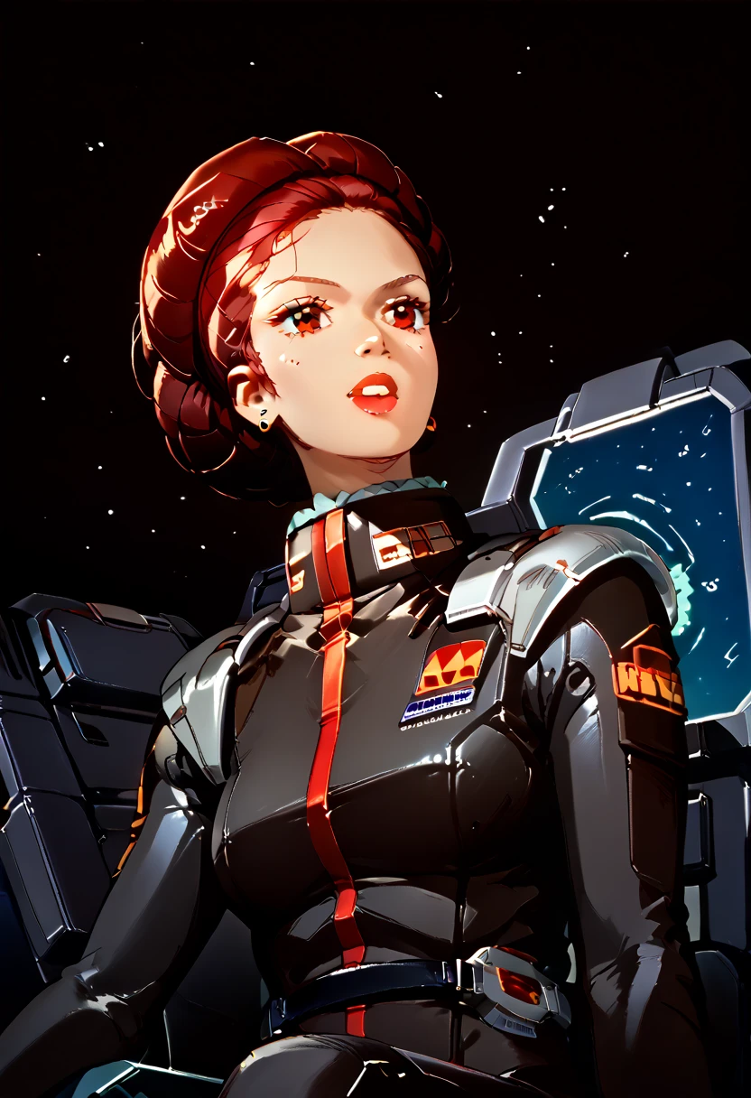  8k,girl pilot,black woman,red eyes,black suit,smooth hair, futuristic, sci-fi,space opera,piloting,cockpit,2000’s cartoon style, dynamic pose, stunning visual effects