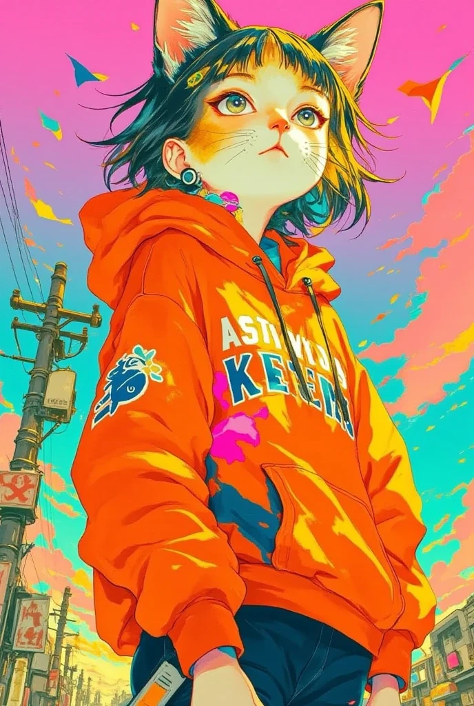 (masterpiece, best quality:1.2), a cute chubby cat, kitten, solo,dramatic portrait, hand drawn illustration, strong color, stylize anime, dynamic pose, wearing a hoodie,