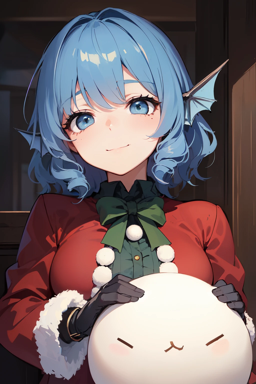 (Best Quality,Unparalleled Masterpiece:1.4),Ultra-Detailed CG 4K,(Ultra-Detailed Clear Absurdly-Vivid white Big Eyes:1.2),Gorgeous Round Detailed Face,ADULT(Bangs:1.2)(wakasagihime, 1women, age 20, medium breast, thick, short stack, big head, white eyes, blind, blue hair, short hair, head fins, fully clothed, Christmas outfit, winter, xmastyle, red coat, gloves, focused, masterpiece, best quality,  (fantasy:1.1),(fit:0.9), (muscular:0.9), shiny skin.)(Solo:1.4)(1Girl: 0.5)(looking down:1.2)Skindentation,small-nose(relaxed, soft smile:1.2)(narrow eyes:1.4)