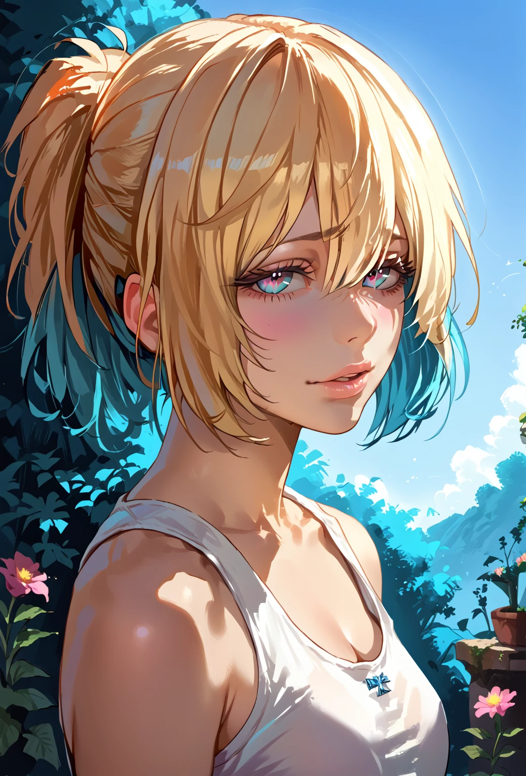 a beautiful shy girl in a white floral garden, 1 girl, solo, expressive face, tank top, clean lines, intricate details, portrait, digital art, 4k, highly detailed, hyperrealistic, photorealistic, cinematic lighting, lush environment, vibrant colors, soft focus