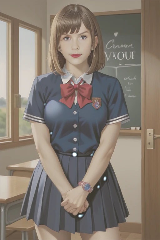 1girl, boyish, short hair, ribbon, gal makeup, blazer uniform, jagged hair, tanned skin, red lips, inside school, red hair, blue eyes, poolside, hands on chest