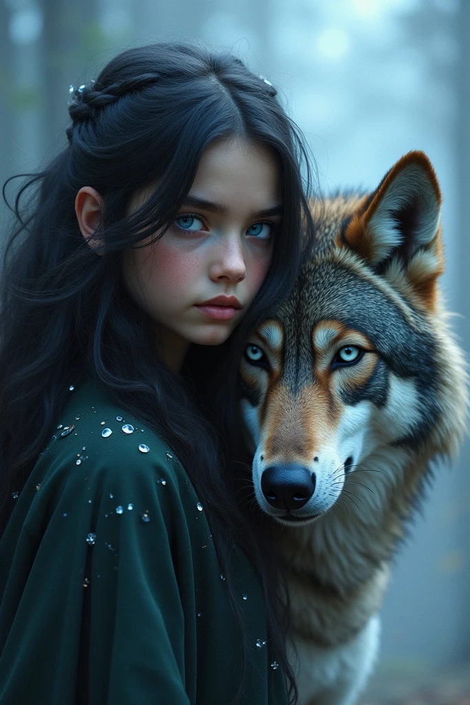Wolf (wild, but tame with the woman. Blue-black, gray and white fur. Blue eyes with greenish gray) and woman (age approximately 16 years, light brown hair tending to blonde, green eyes