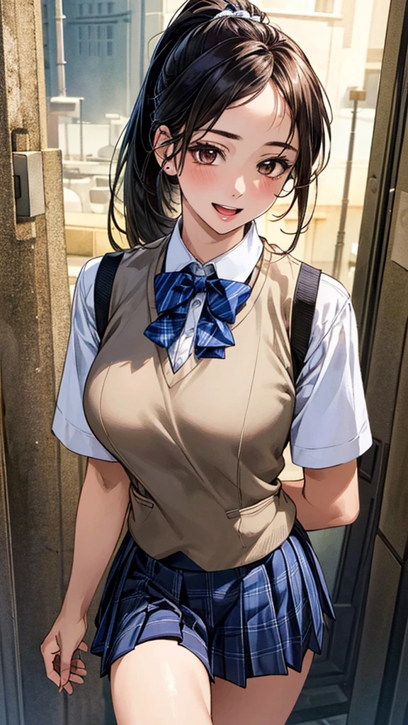 masterpiece、highest quality、1 girl、high school girl、18-year-old、Perfect Face、Shiny skin、Random Uniform、(ponytail)、Big eyes、tall)、Beautiful Hair、Beautiful Eyes、Perfect proportions、Beautiful thighs、Beautiful legs、Beautiful fingers、((High-quality fabric、brown knit vest、Short sleeve white collar shirt、Navy Pleated Skirt、A bow tie))、After school in the classroom、(smile)、(((((Skirt Lift、Panties and pantyhose are visible)))))