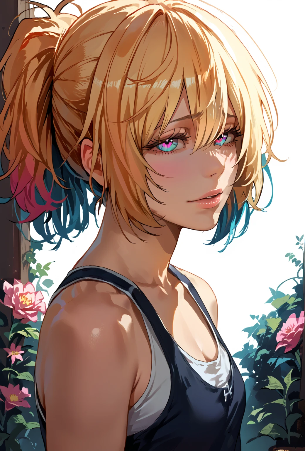 a beautiful shy girl in a white floral garden, 1 girl, solo, expressive face, tank top, clean lines, intricate details, portrait, digital art, 4k, highly detailed, hyperrealistic, photorealistic, cinematic lighting, lush environment, vibrant colors, soft focus