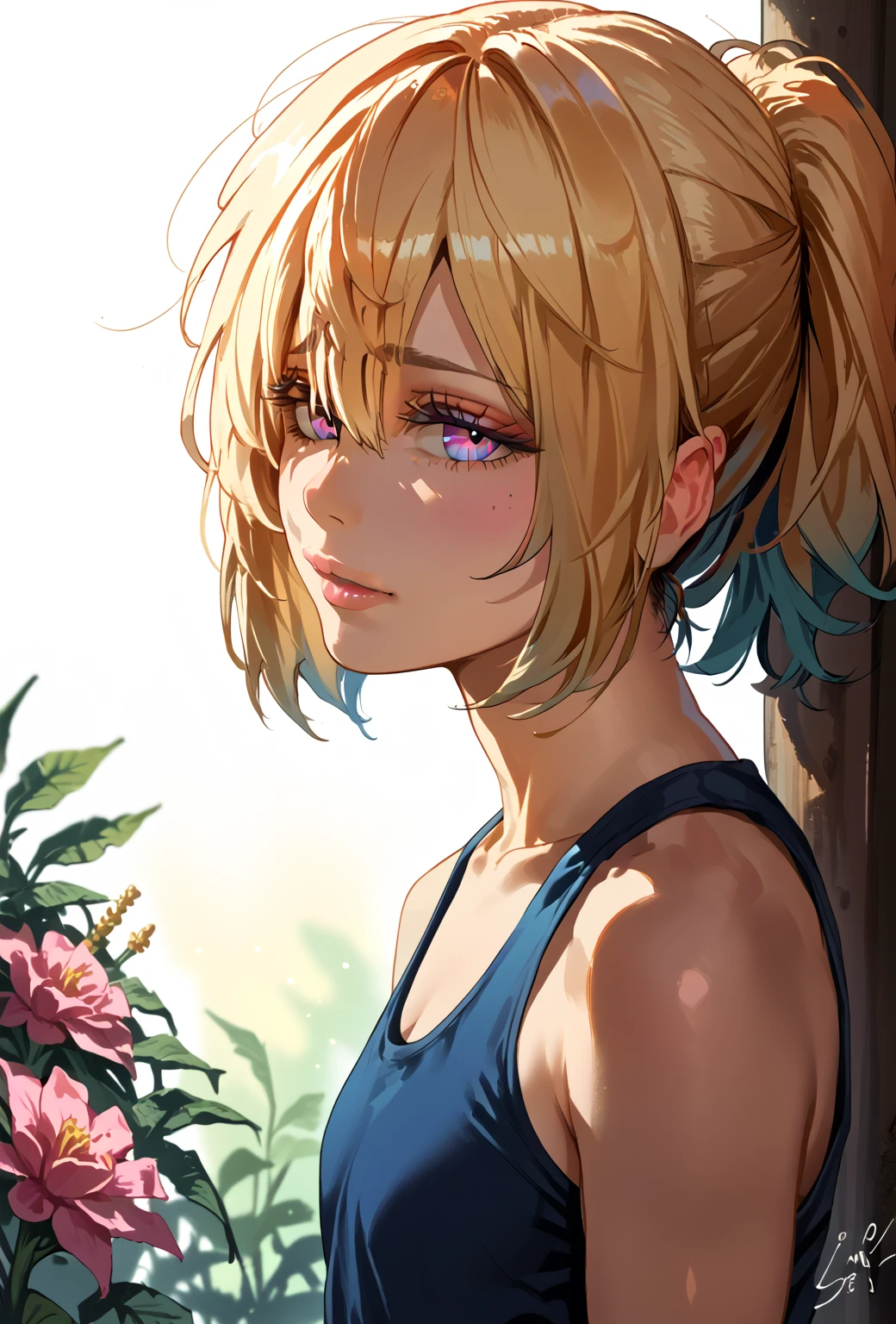 a beautiful shy girl in a white floral garden, 1 girl, solo, expressive face, tank top, clean lines, intricate details, portrait, digital art, 4k, highly detailed, hyperrealistic, photorealistic, cinematic lighting, lush environment, vibrant colors, soft focus