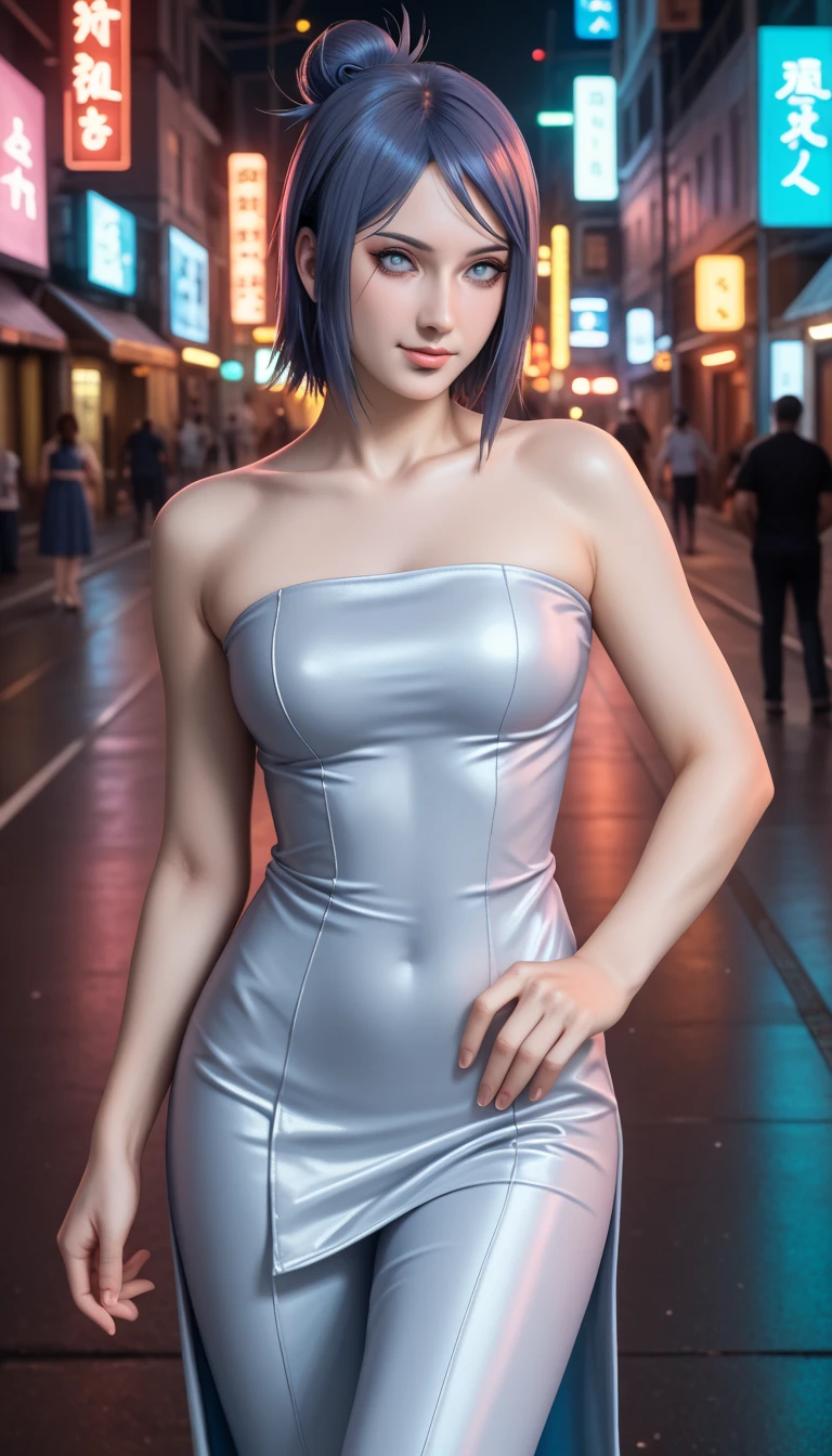              a detailed and beautiful portrait of a 16-year-old Japanese girl,           medium breasts, with healthy appearance , sexy expression,          tight clothes  , Bold poses ,             detailed embroidery            ,  belly out , Tube top, love league,             high quality, 8k,             photorealistic          ,             dramatic lighting           ,             vivid colors            ,(            masterpiece            ,              top quality            ,  :1.2),  (                    futuristic cyberpunk urban scene illuminated by neon lights         ), (Alone:1.4), (     Elegant and cool   ),  (  Bright neon details             :1.3), (         expressão series          :1.1), (           Confident and relaxed poses               :1.3),             Holographic tight pants or skirt for outdoor use           , (            dynamic lighting            ,   Strong contrast ), (      or dress    :1.2), bare arms,  : Konan from Naruto  ,  blue hair ,   Konan character costumes from the anime Naruto ,     embarrassed     , happy/happy, series, sexy